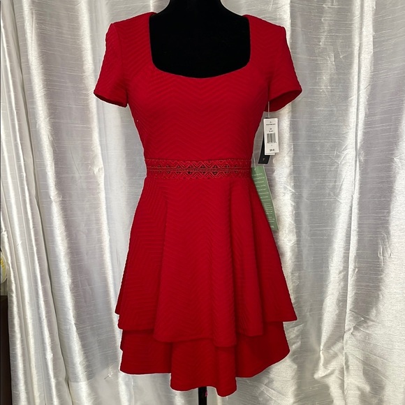 City Triangles NWT Juniors 3 Red Textured Layered Cap Short Sleeve Skater Dress - Picture 1 of 8